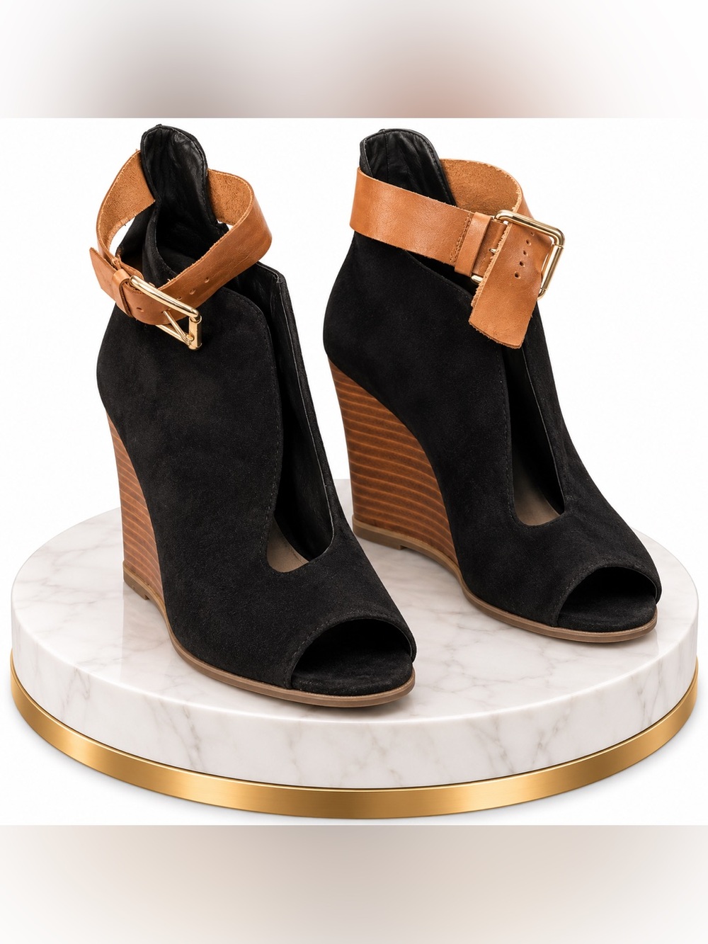 Zigi Soho Women's Black Suede Wedge Sandals with Tan Ankle Strap. 8.5